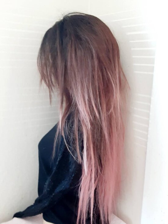 Long  EMO Wig gothic, wig  human hair mix black brown and pink. main image 3